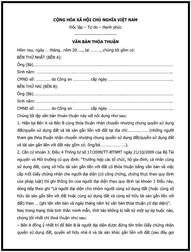 Mẫu văn bản thỏa thuận giữa 2 bên